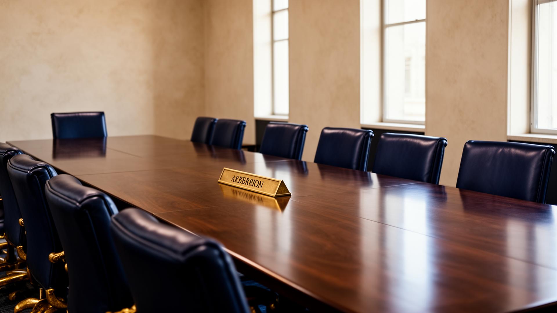 Sala de audiências arbitrais, mesa de madeira escura e cadeiras de couro